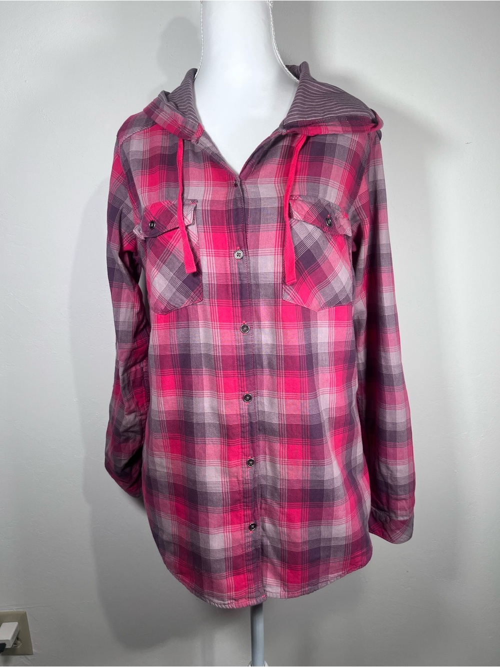 Columbia Pink and Gray Plaid Hooded Button-Up Cotton Shirt - LARGE
